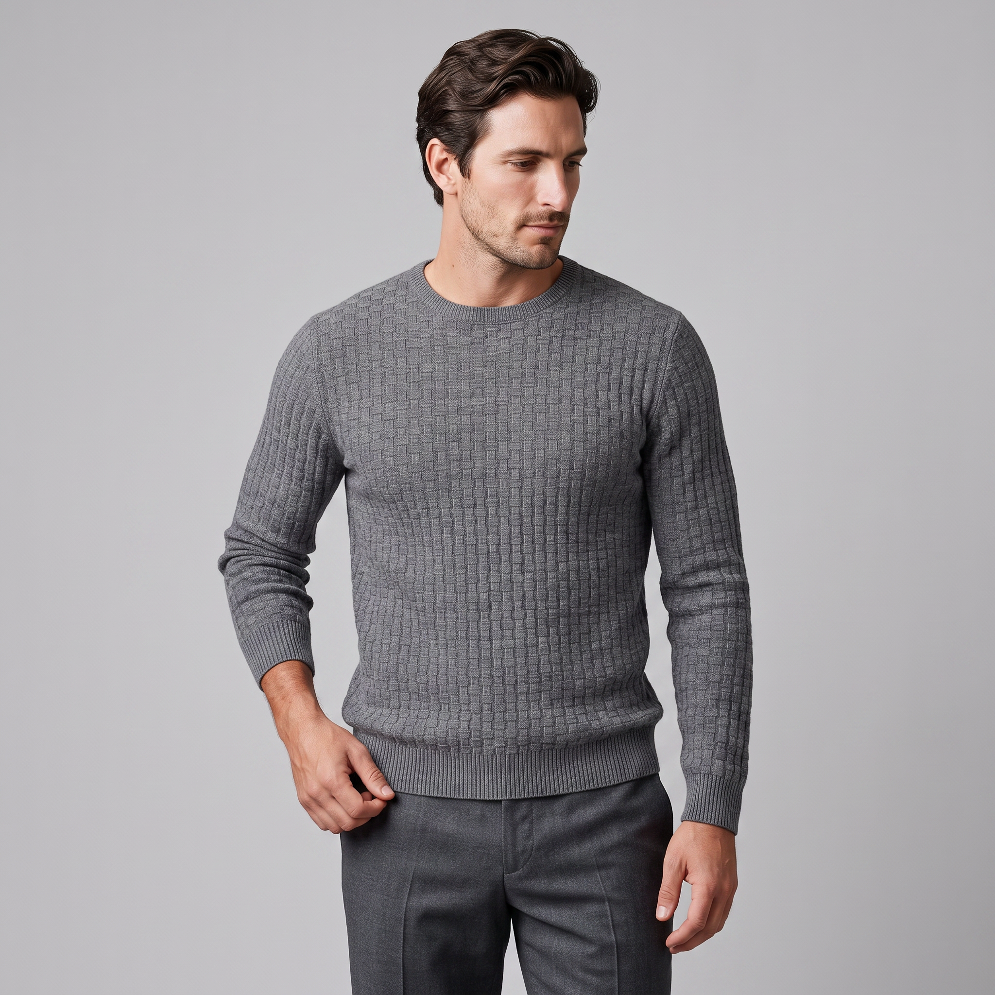 Men's Basketweave Knit Crew Sweater