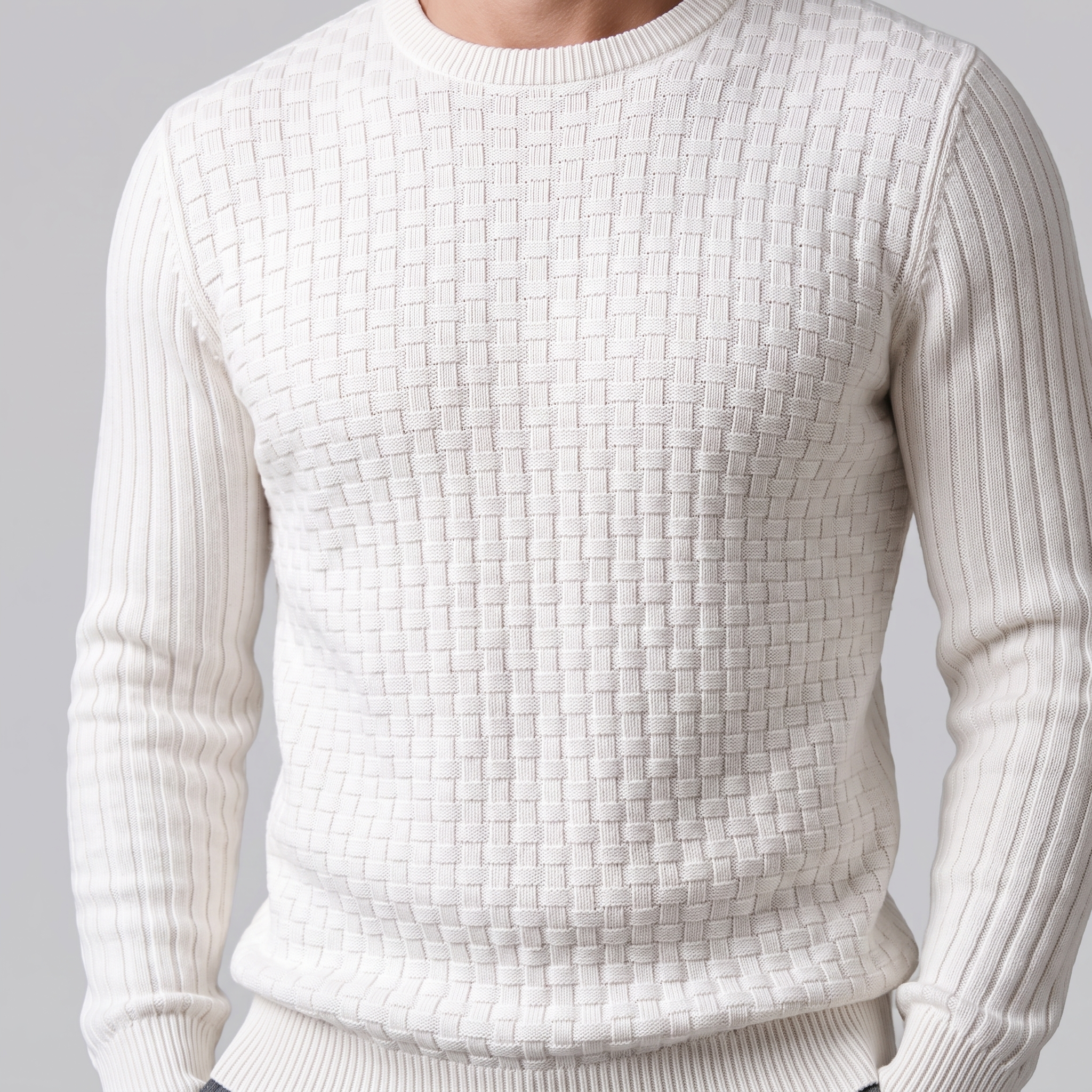 Men's Basketweave Knit Crew Sweater