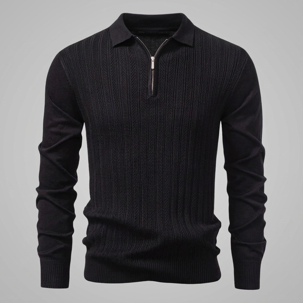 Men's Rib Knit Polo Shirt with Zipper