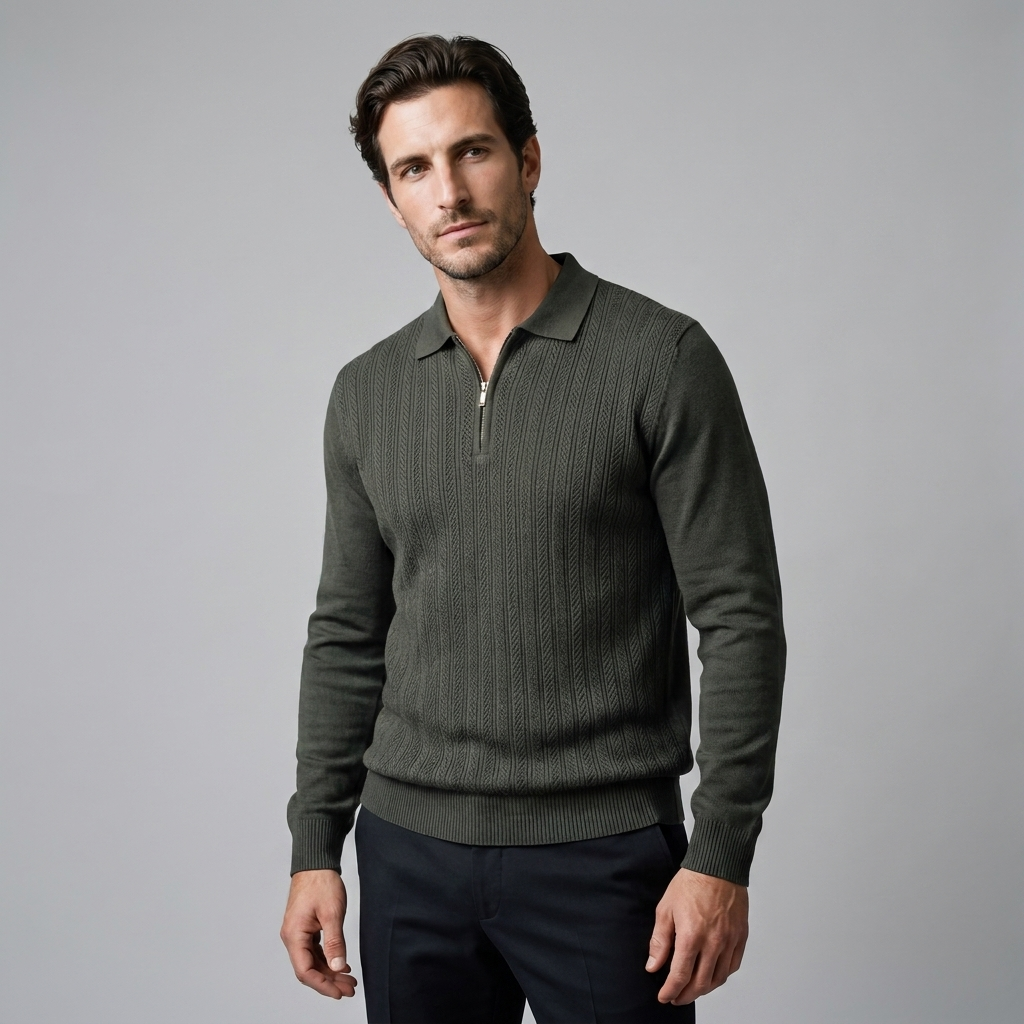 Men's Rib Knit Polo Shirt with Zipper