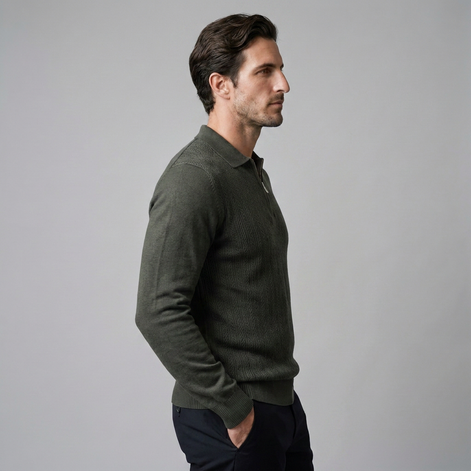 Men's Rib Knit Polo Shirt with Zipper