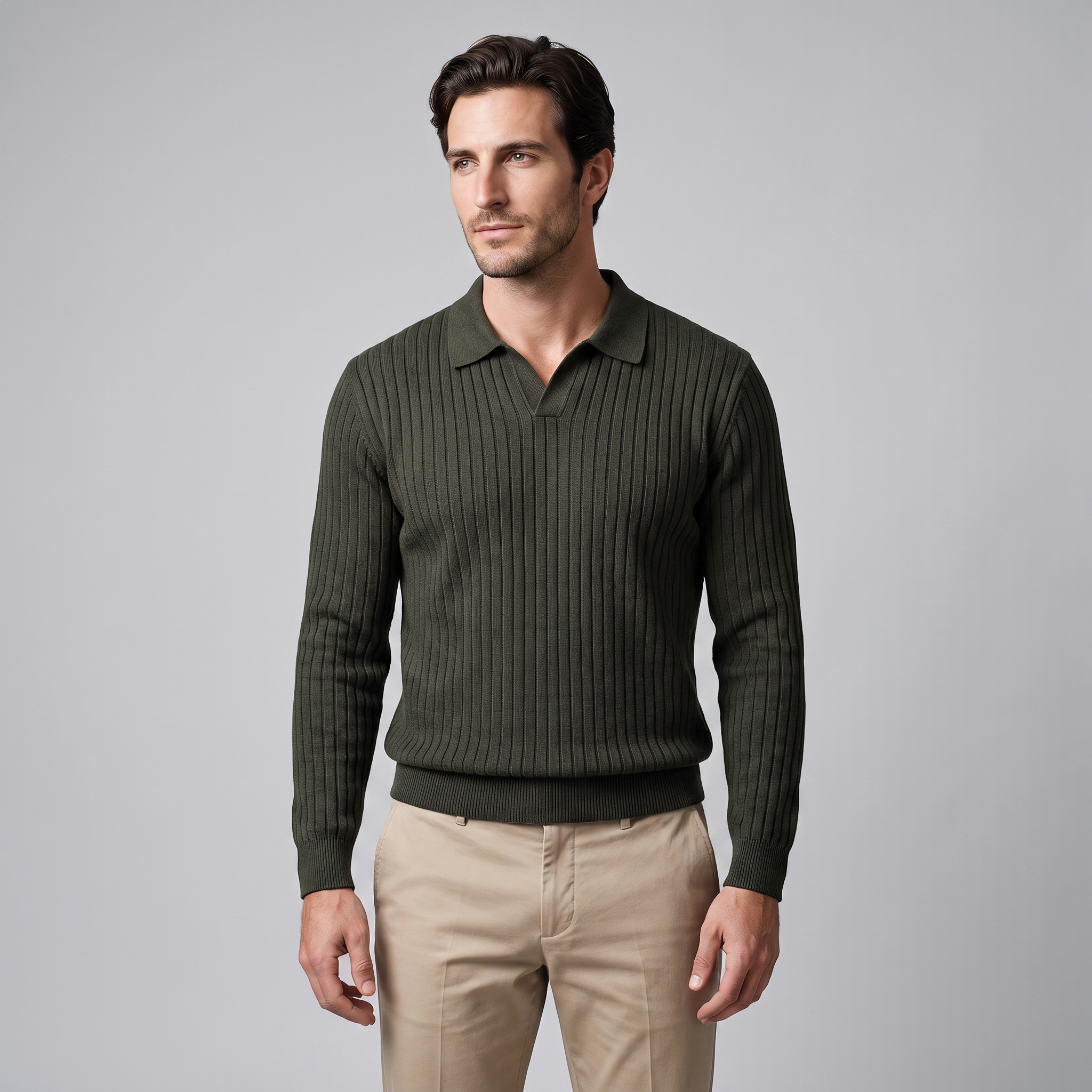 Men's Ribbed Knit Polo Sweater