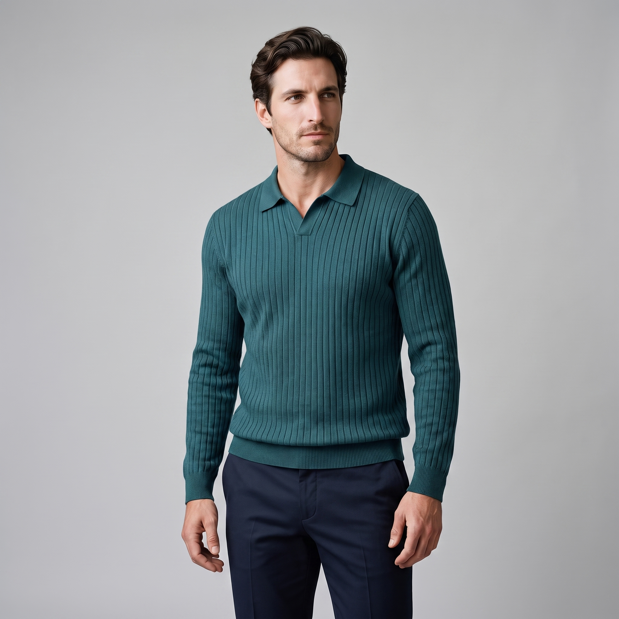 Men's Ribbed Open Collar Polo Sweater