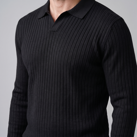 Men's Ribbed Open Collar Polo Sweater