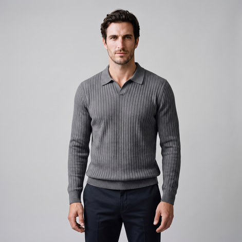 Men's Ribbed Open Collar Polo Sweater