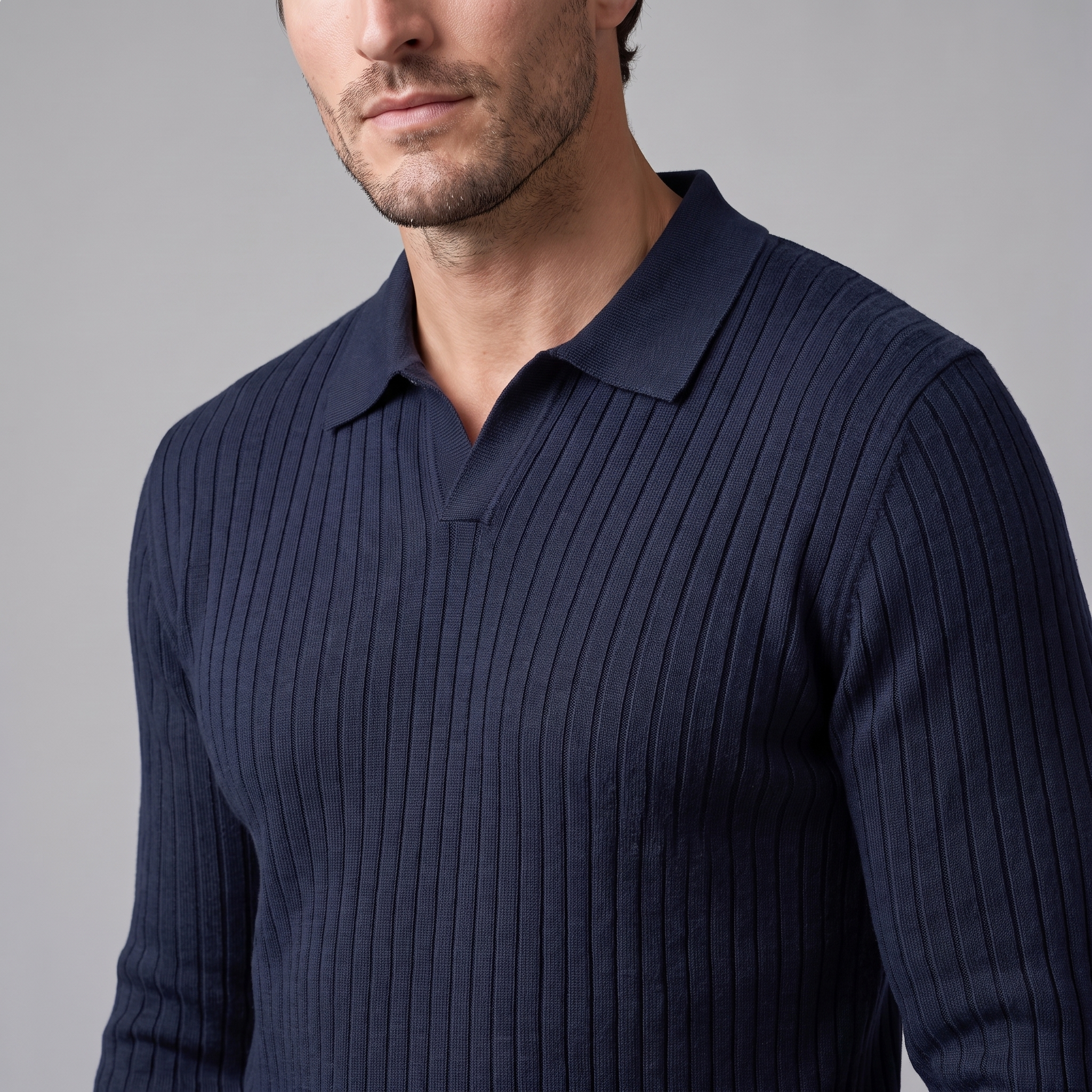 Men's Ribbed Open Collar Polo Sweater